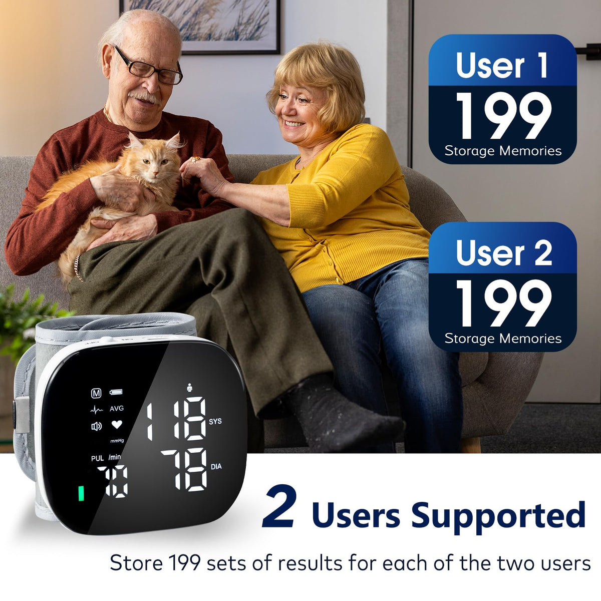 Wrist Blood Pressure Monitor Rechargeable Digital Voice Broadcast LED Backlit 199 Memory Storage for 2 Users with Carrying Case U686708