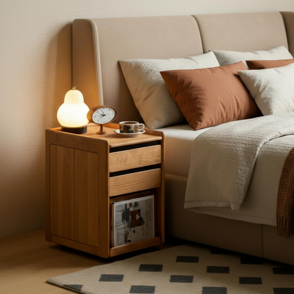Solid Cherry Wood Side Table with Wheels R592