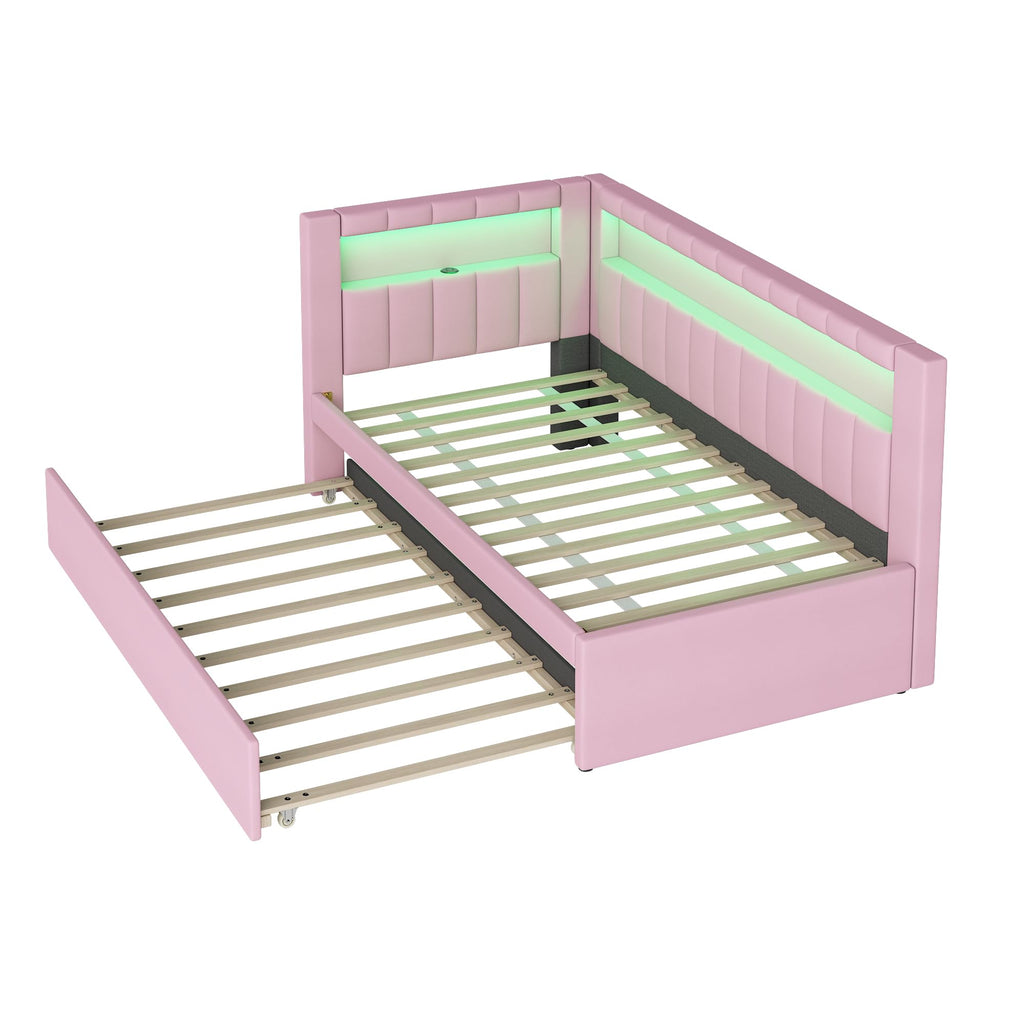 Twin Size Upholstered Platform Bed with Trundle and USB Ports Q94101