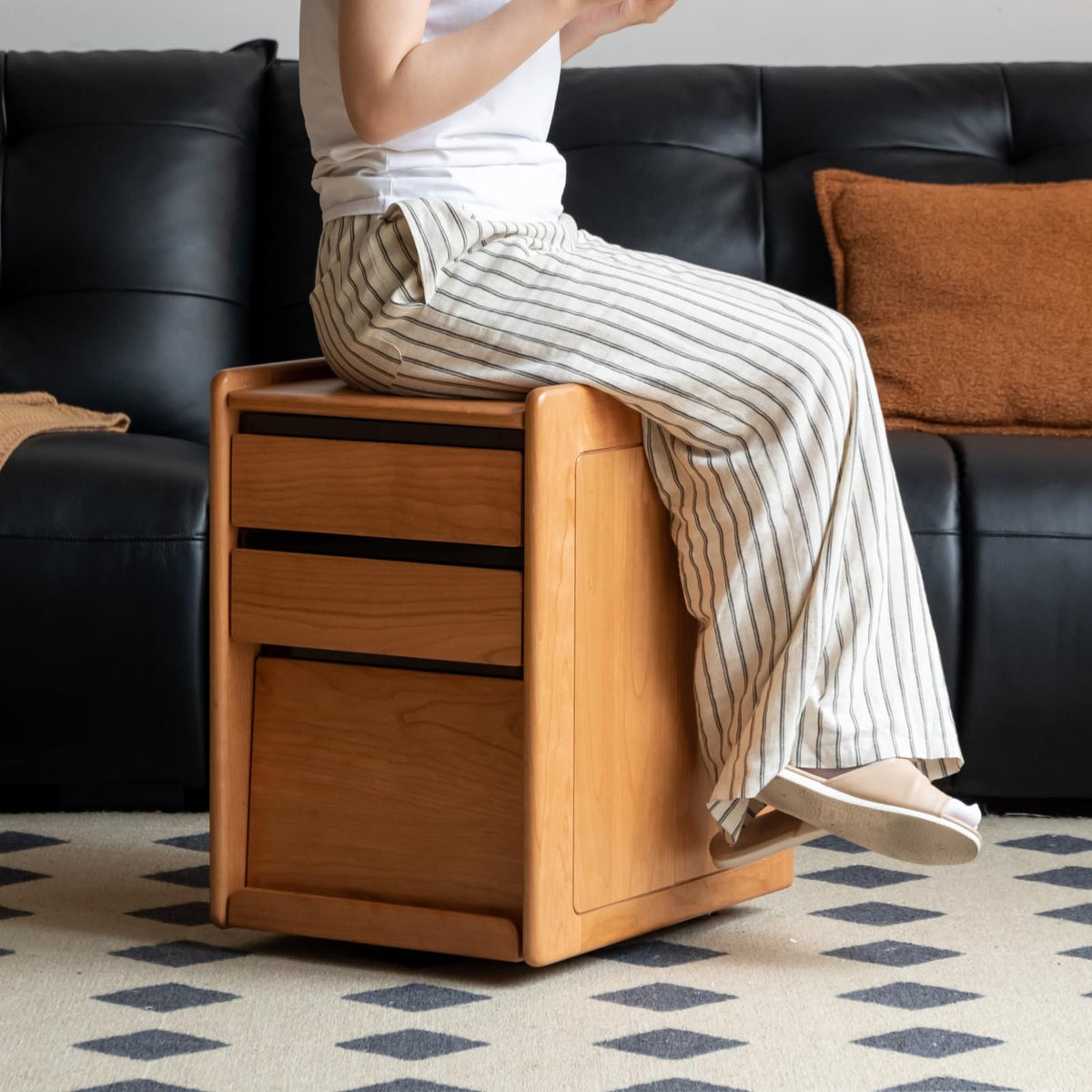 Solid Cherry Wood Side Table with Wheels R592
