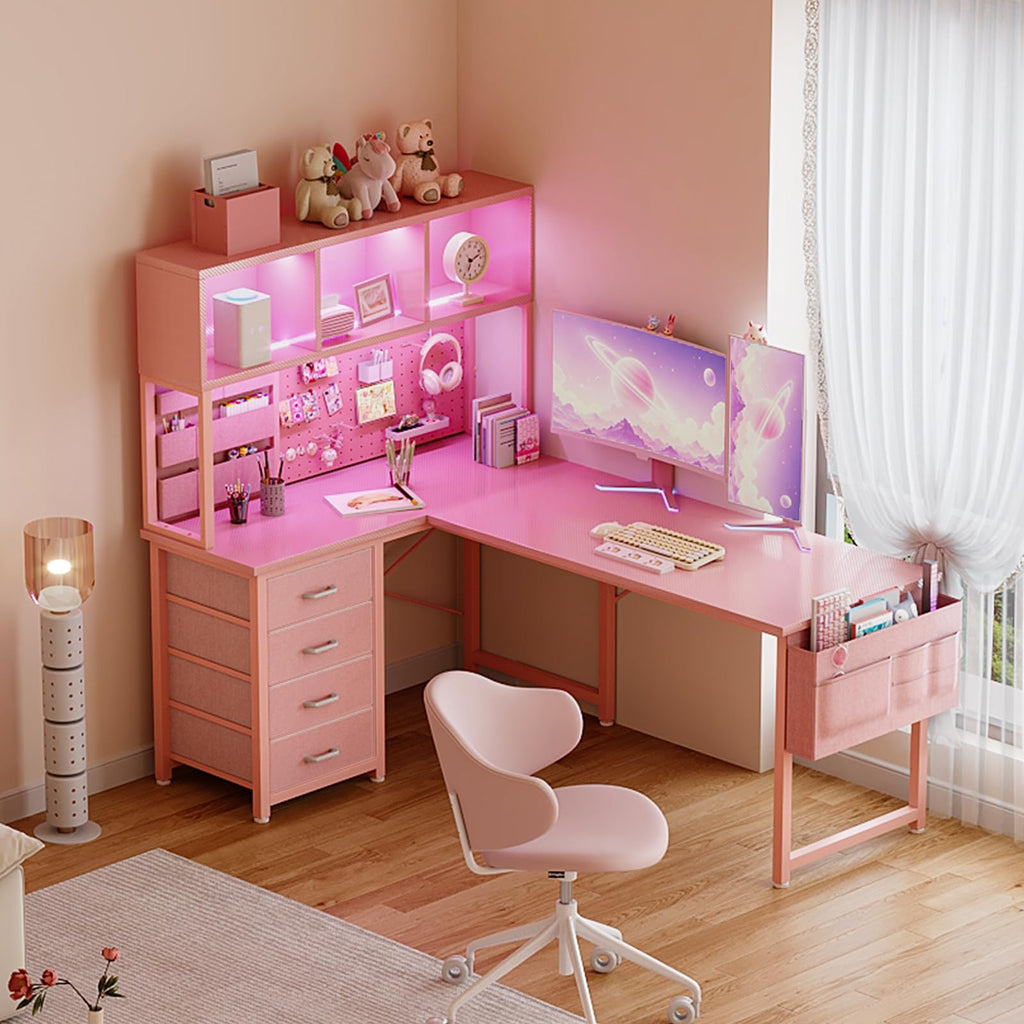 53" L Shaped Gaming Desk with Pegboard, Hutch & 4 Drawers, Pink E47827