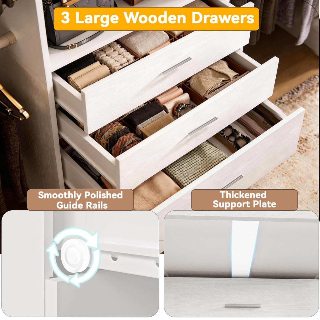 Wooden 11FT Closet Organizer with 3 Drawers and 4 Hanging Rods White X672018