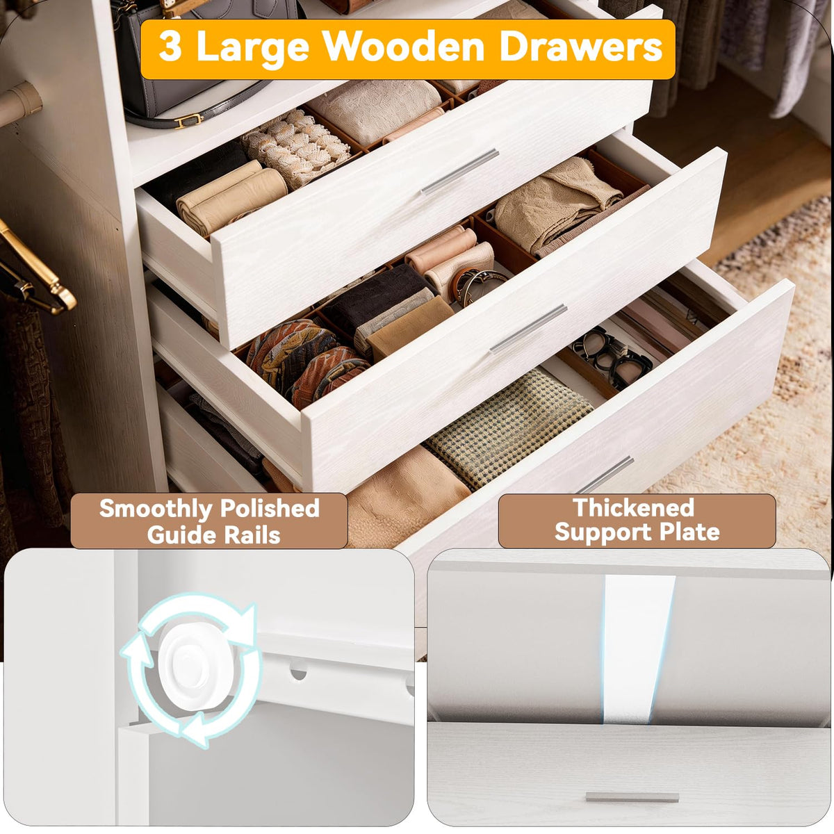 Wooden 11FT Closet Organizer with 3 Drawers and 4 Hanging Rods White X672018