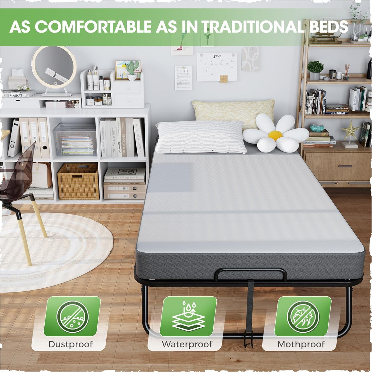 Foldable Single Bed with 5" Memory Foam Mattress and Wheels O96149