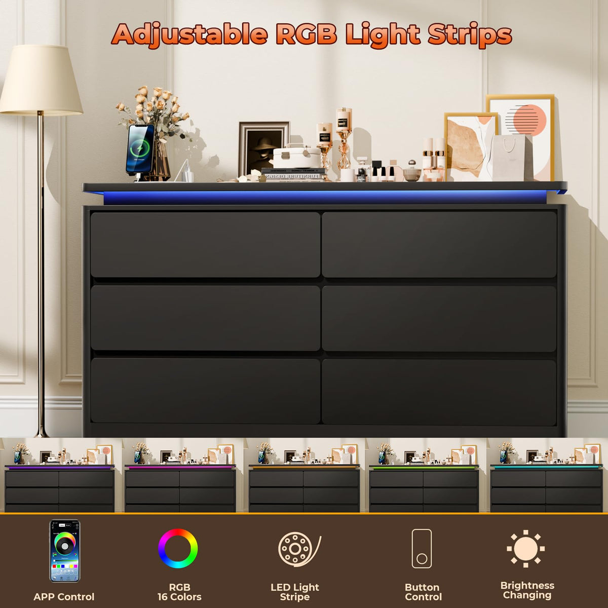 Black 6 Drawer Wood Dresser with Charging Station B138