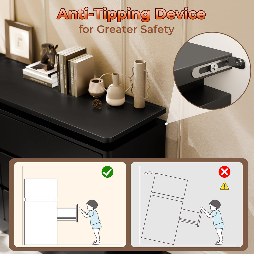 Black 6 Drawer Wood Dresser with Charging Station B138