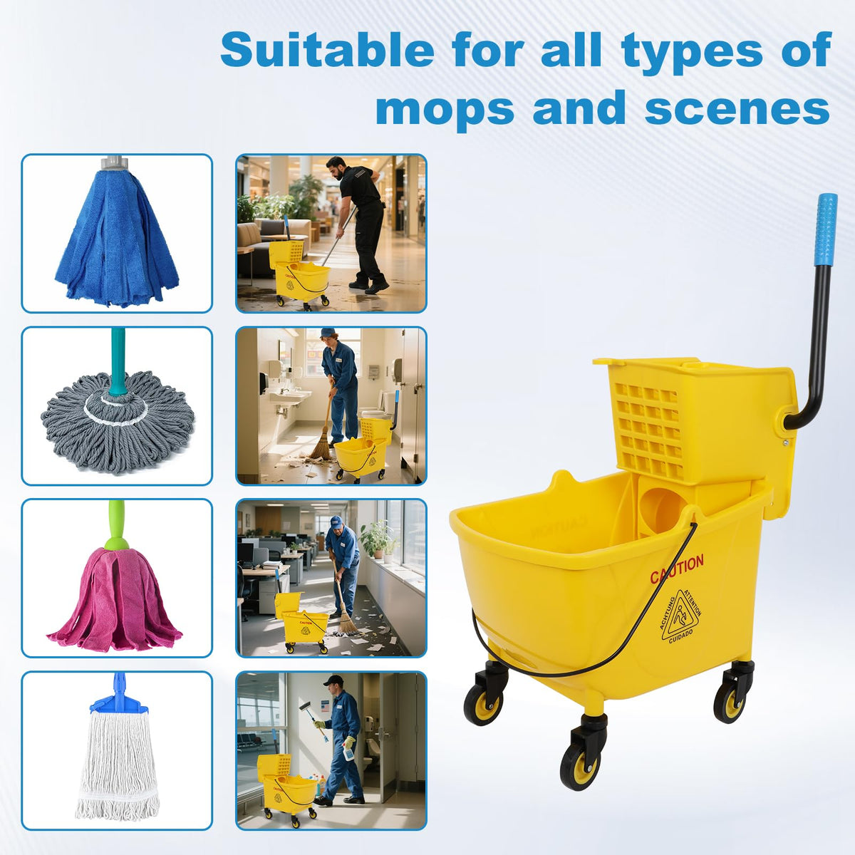 35 Qt Yellow Mop Bucket with Wringer on Wheels and Mops Set G9269