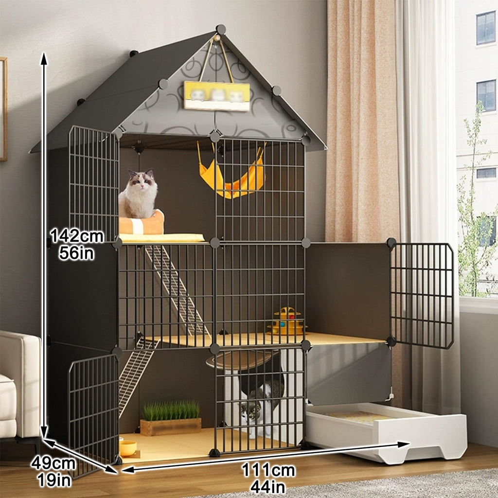 Large 3-Tier Detachable Metal Wire Cat Kennel with Litter Box and Hammock Y4774