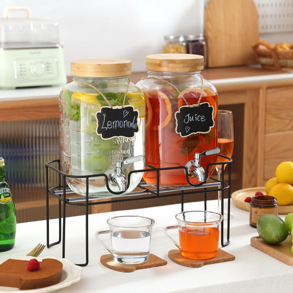 2 Pack 1 Gallon Glass Drink Dispenser with Bamboo Lid H93914