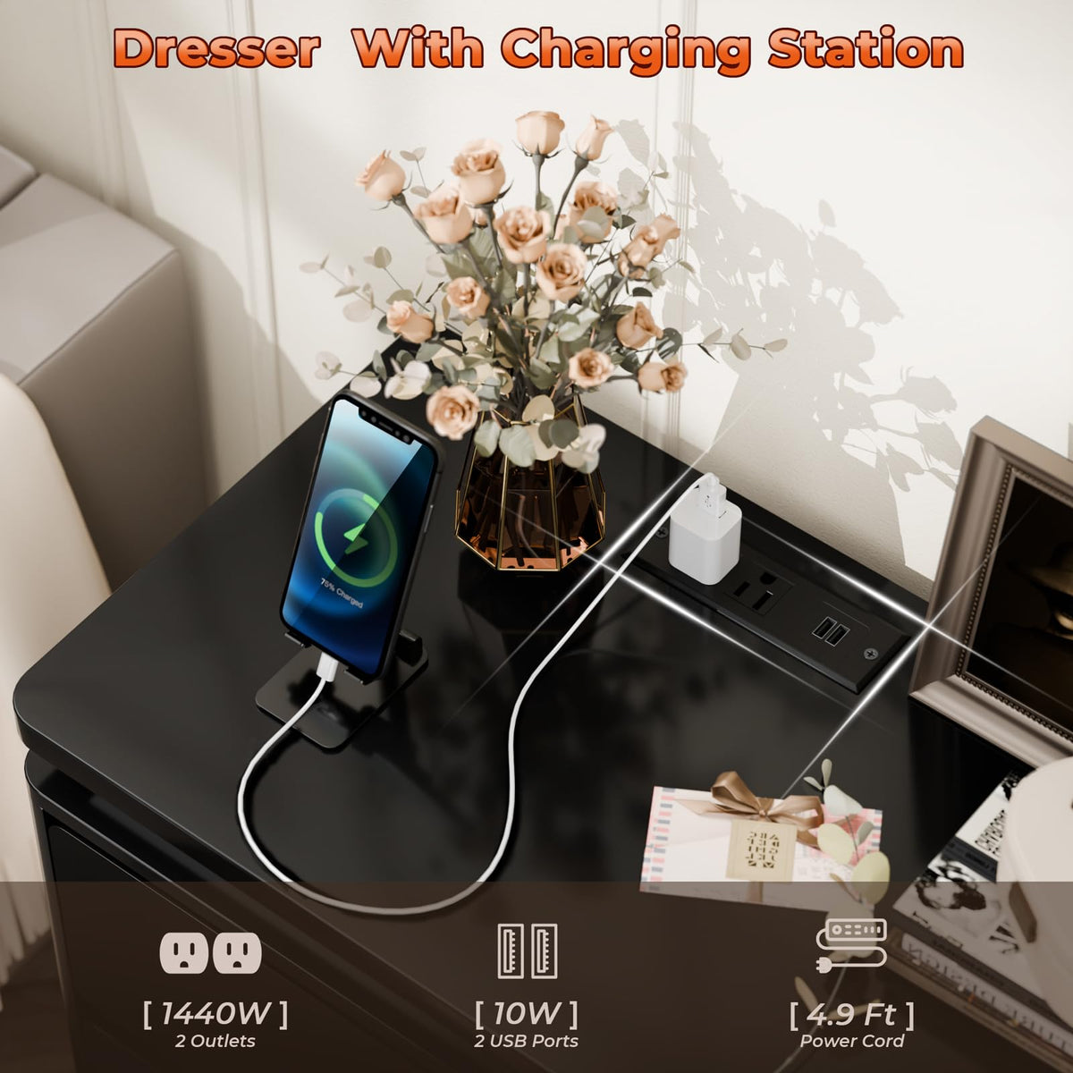Black 6 Drawer Wood Dresser with Charging Station B138