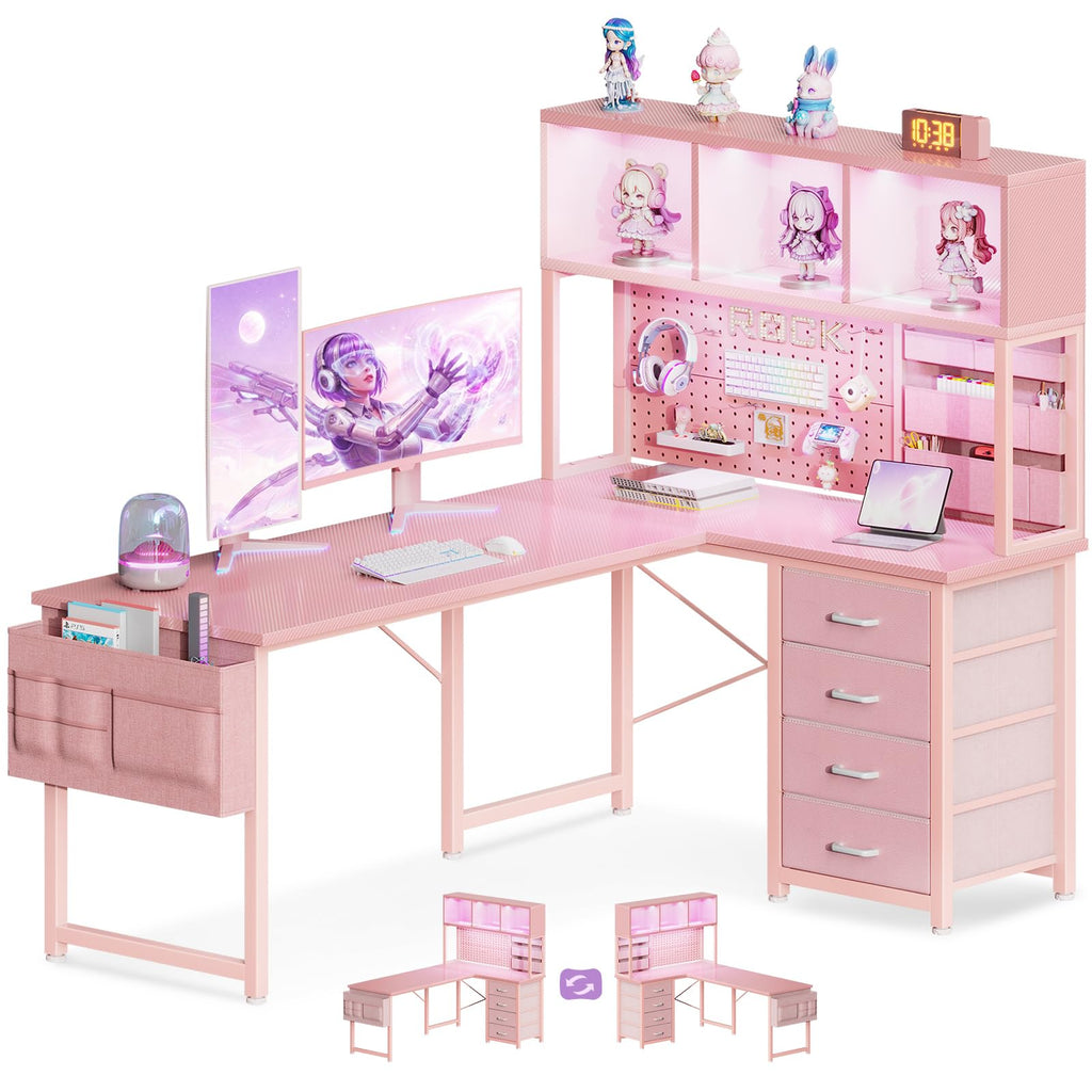 53" L Shaped Gaming Desk with Pegboard, Hutch & 4 Drawers, Pink E47827