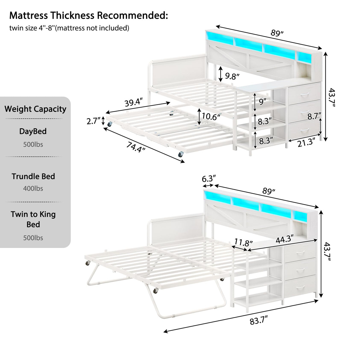 White Twin Wood Daybed with Trundle and 3 Storage Drawers W594