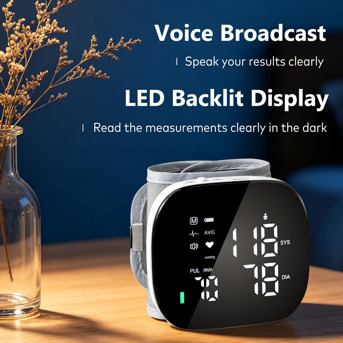 Wrist Blood Pressure Monitor Rechargeable Digital Voice Broadcast LED Backlit 199 Memory Storage for 2 Users with Carrying Case U686708