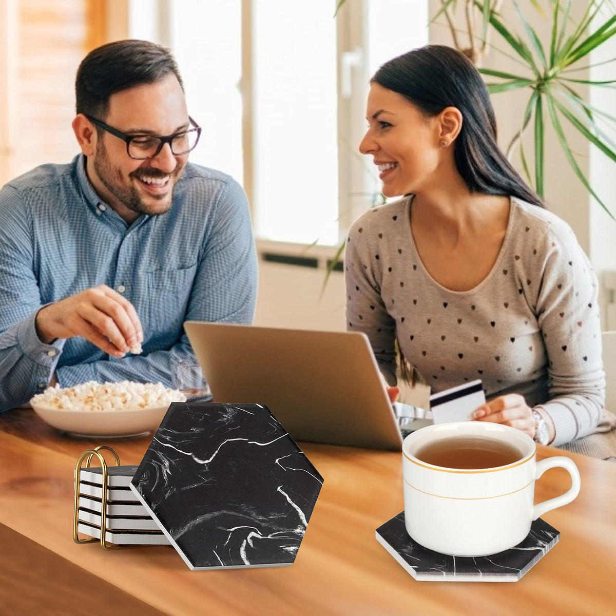 Black Marble Coaster Set with Holder Y300644