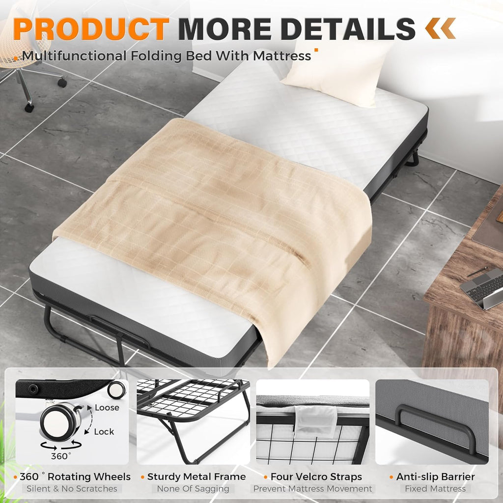 Foldable Single Bed with 5" Memory Foam Mattress and Wheels O96149
