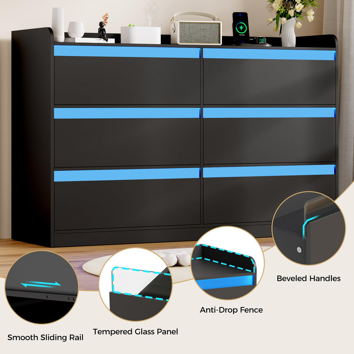 Black Dresser with Power Outlet and LED Lights I674
