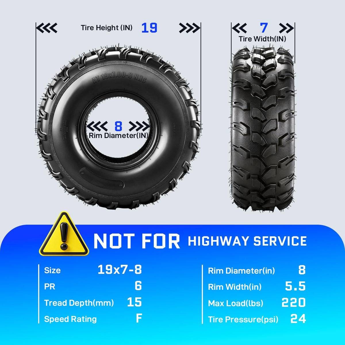 19x7-8 ATV Tires 6PR All-Terrain Tubeless Pack of 2 E9606