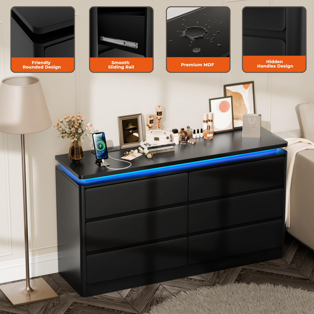 Black 6 Drawer Wood Dresser with Charging Station B138