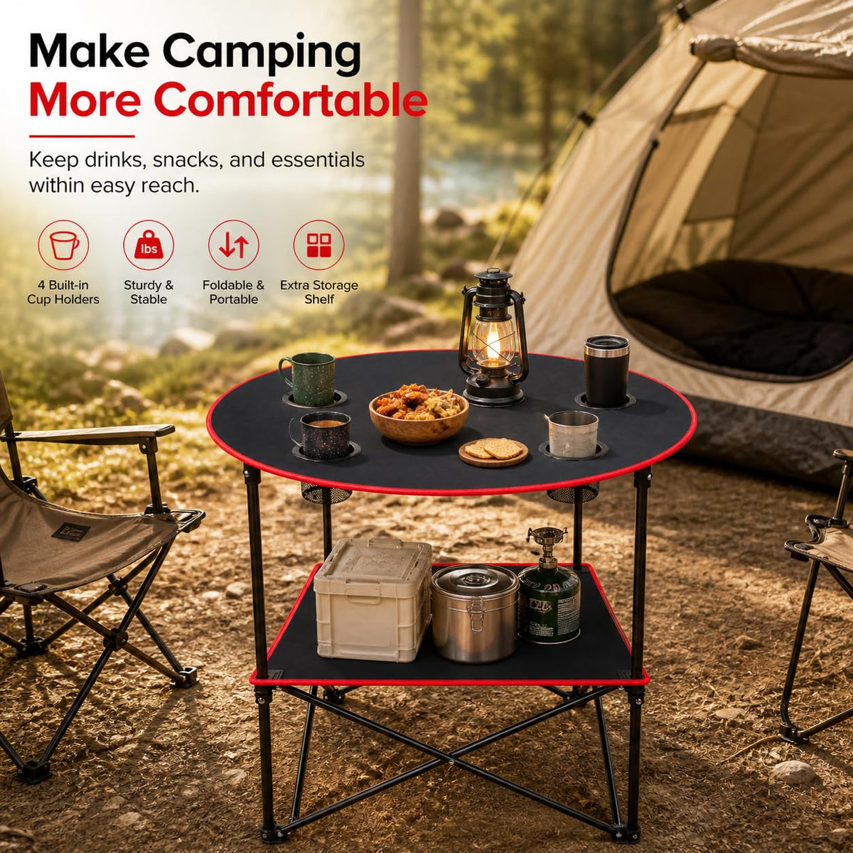 Portable Folding Camping Table with 4 Cup Holders & Carry Bag O912