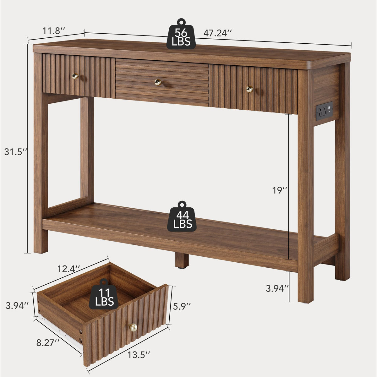 47'' Fluted Console Table with Charging Station & 3 Drawers N8486