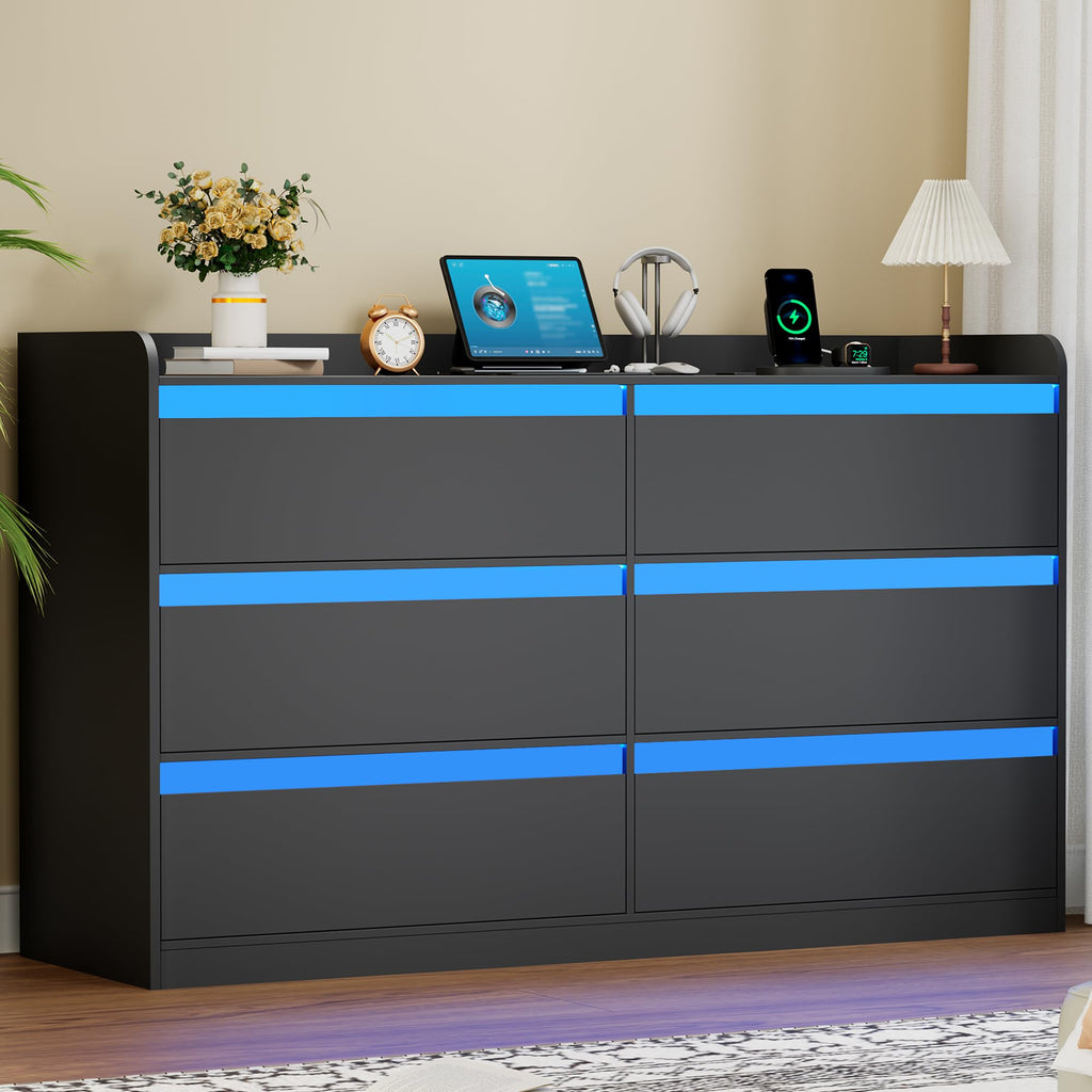 Black Dresser with Power Outlet and LED Lights I674