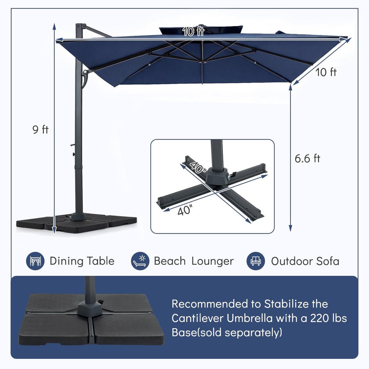 10 FT Navy Blue Cantilever Patio Umbrella R231310