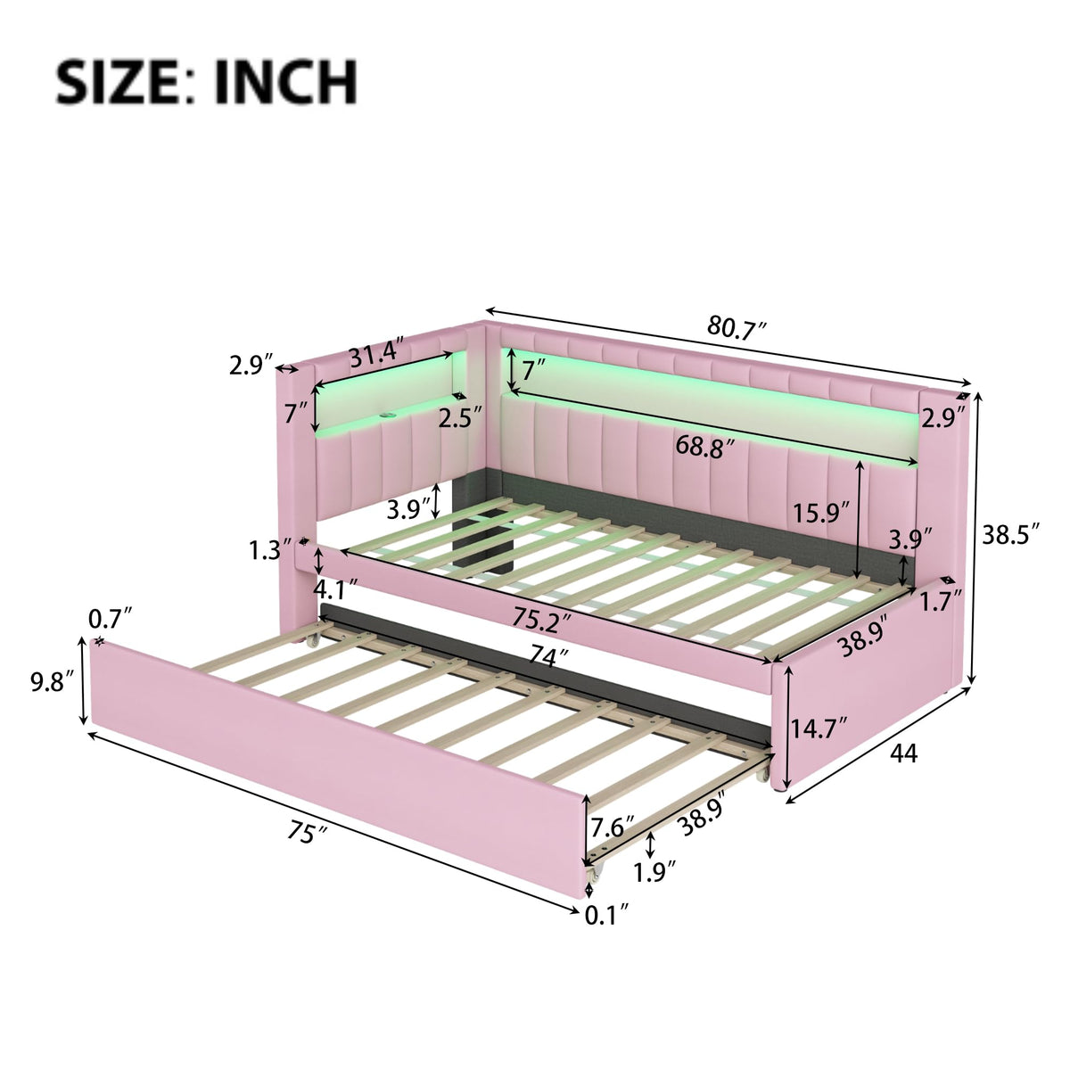 Twin Size Upholstered Platform Bed with Trundle and USB Ports Q94101