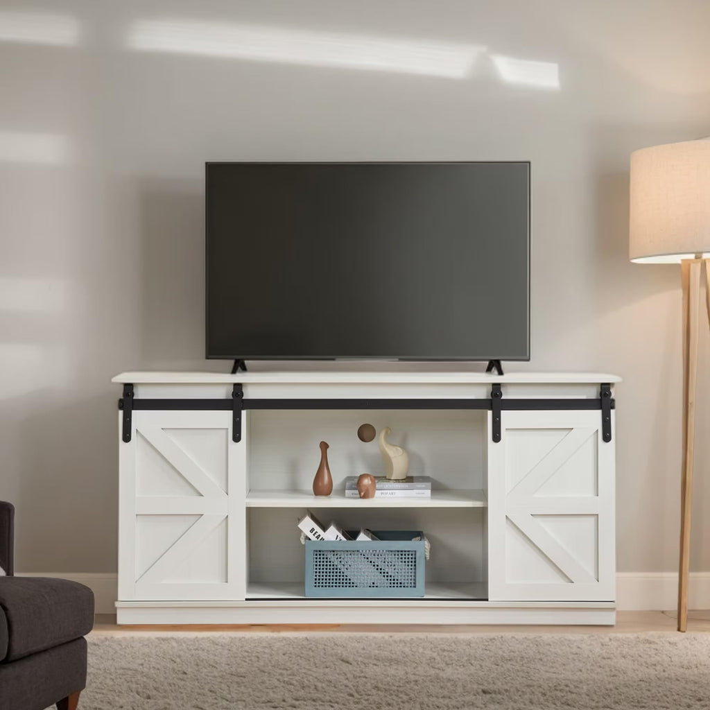 White 65 Inch TV Stand with Sliding Barn Doors and Storage D362