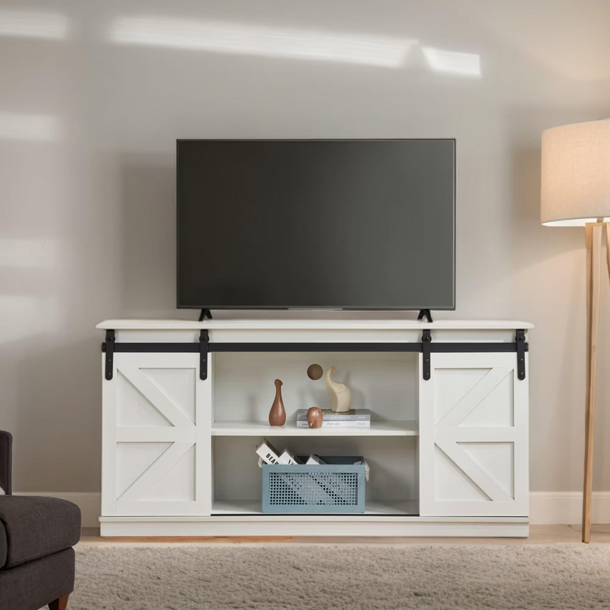White 65 Inch TV Stand with Sliding Barn Doors and Storage D362
