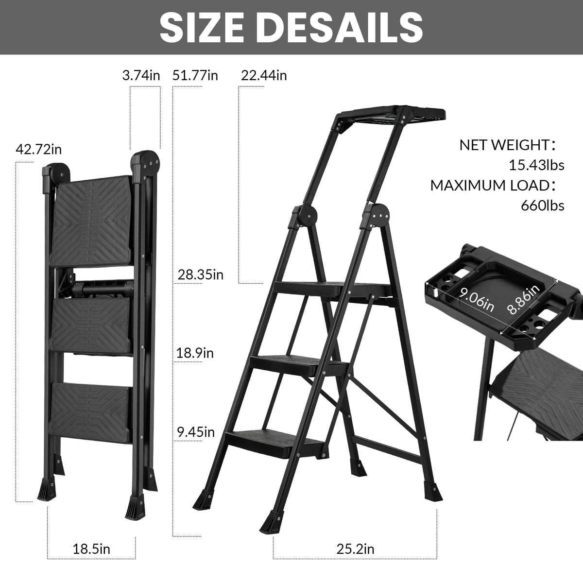 3 Step Steel Stool with Handrail & Tool Tray E185988