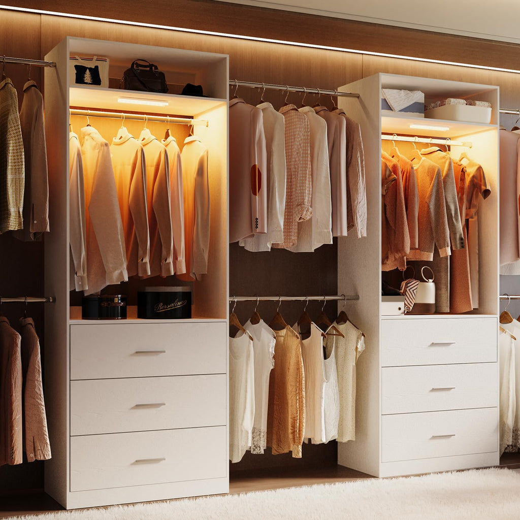 Wooden 11FT Closet Organizer with 3 Drawers and 4 Hanging Rods White X672018