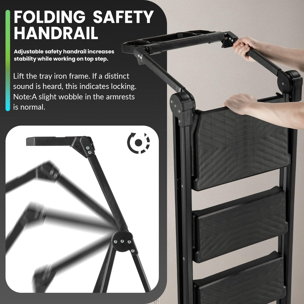 3 Step Steel Stool with Handrail & Tool Tray E185988