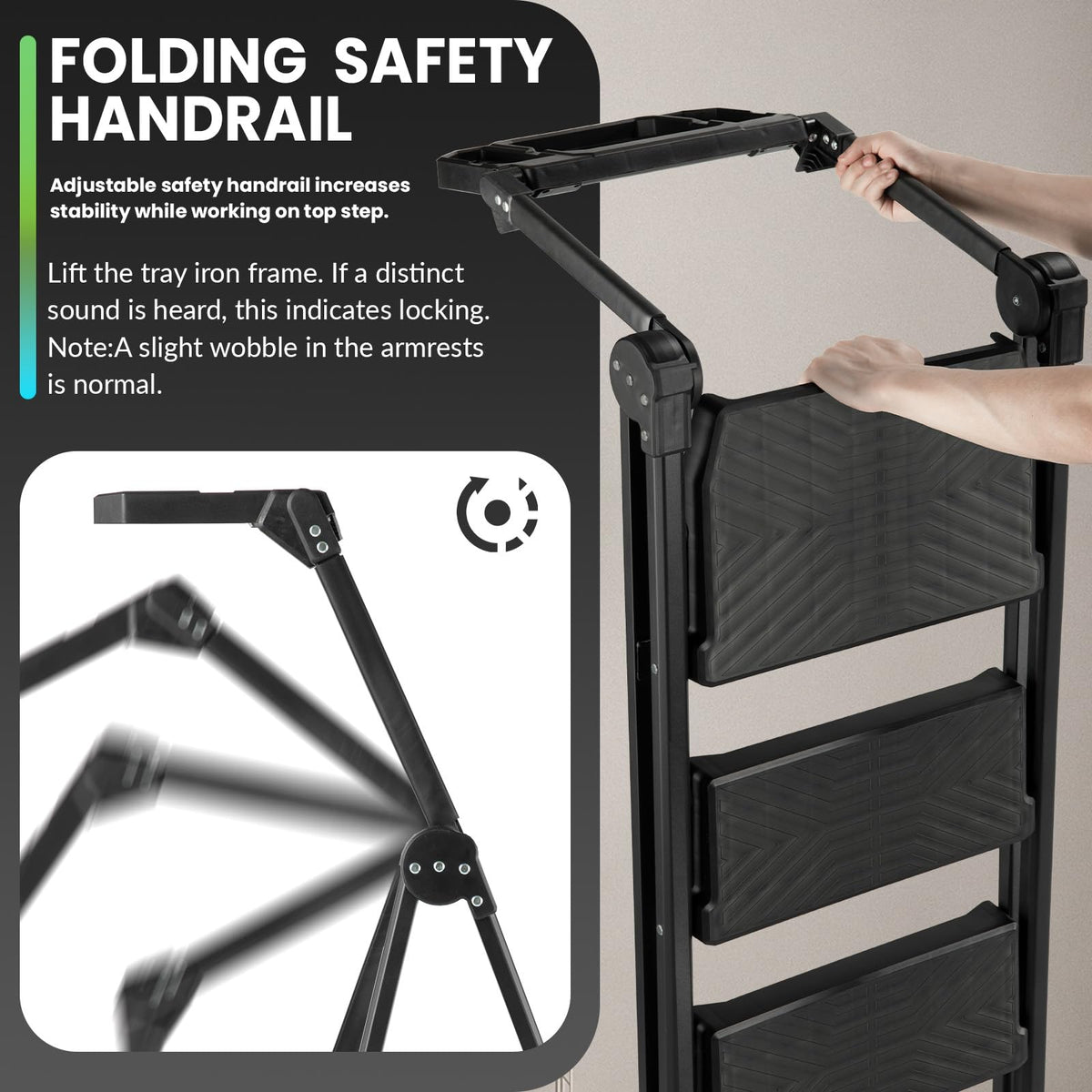 3 Step Steel Stool with Handrail & Tool Tray E185988