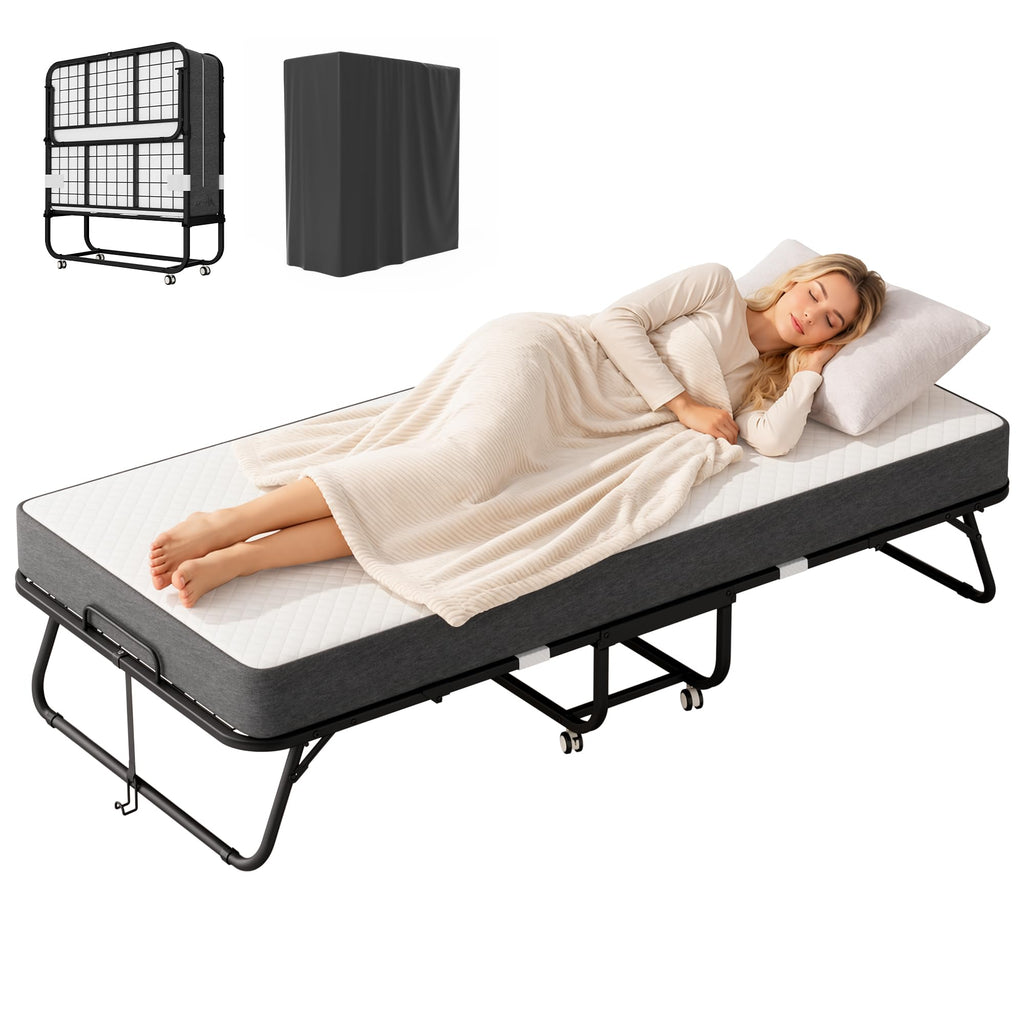 Foldable Single Bed with 5" Memory Foam Mattress and Wheels O96149