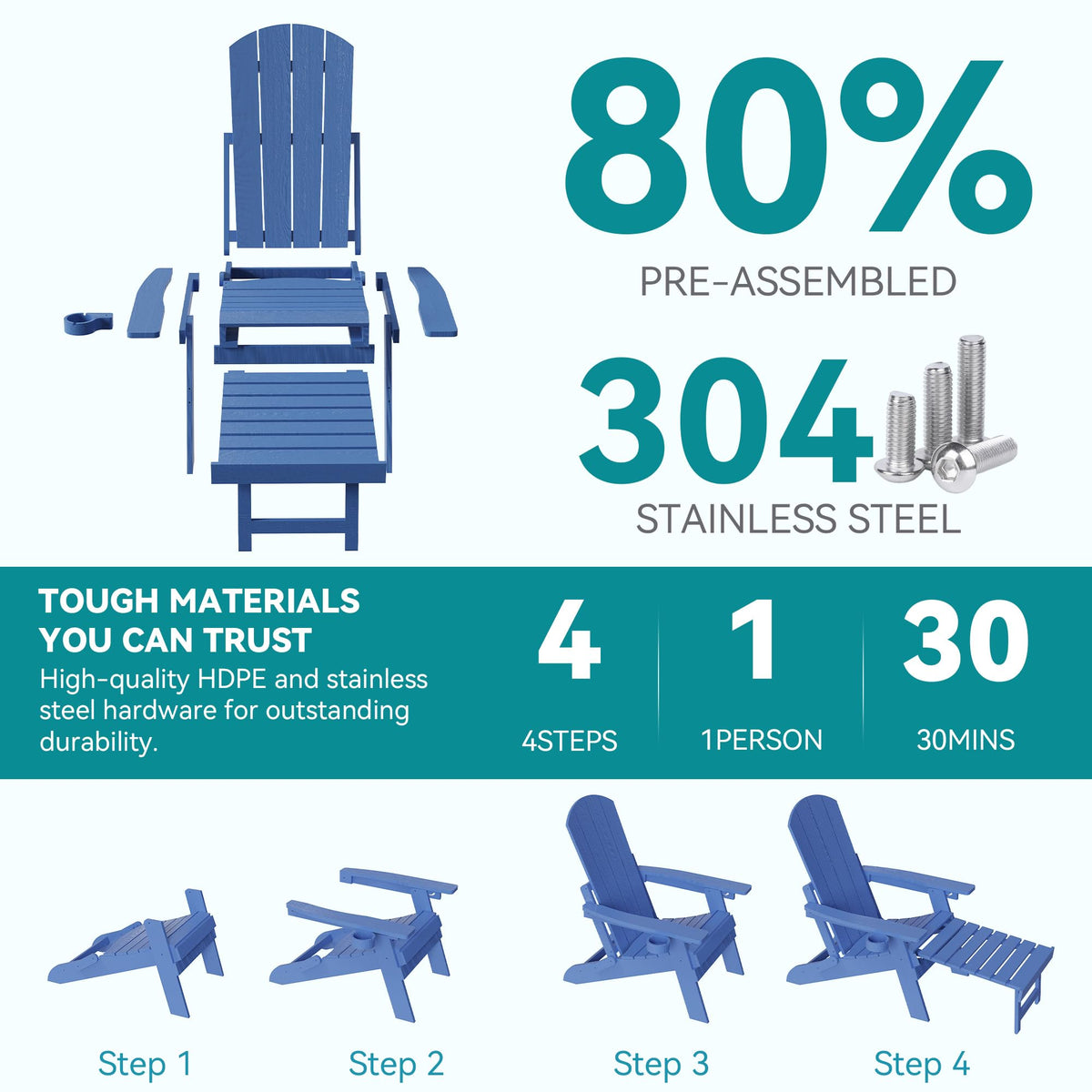 Folding Adjustable Adirondack Chairs Set of 2 with Footrest V52780