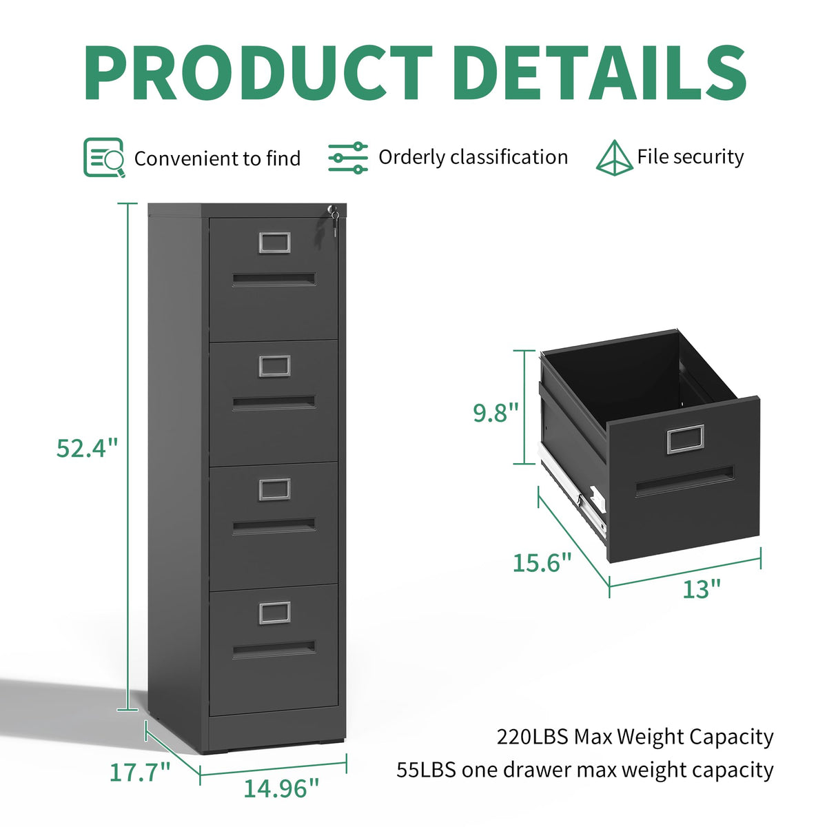 Black 4 Drawer Steel File Cabinet with Lock Q50747