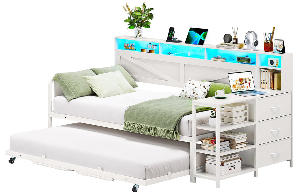 White Twin Wood Daybed with Trundle and 3 Storage Drawers W594
