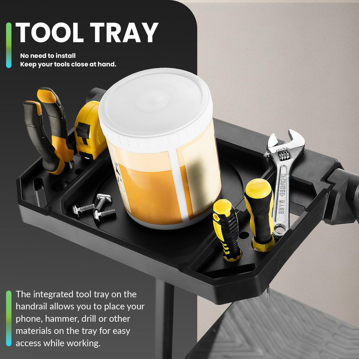 3 Step Steel Stool with Handrail & Tool Tray E185988