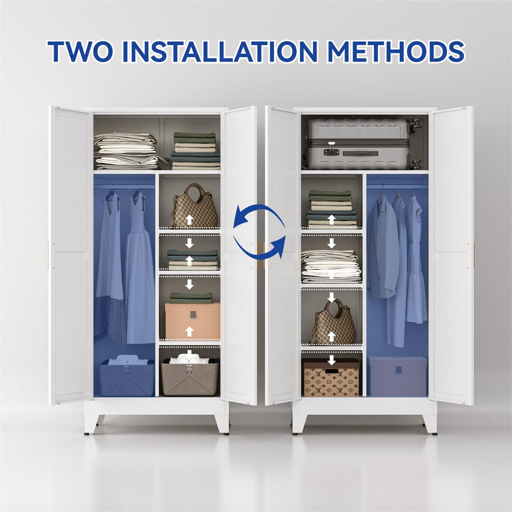 Metal Wardrobe Closet with Doors, 71'' Tall Steel Armoire with Shelves V85028