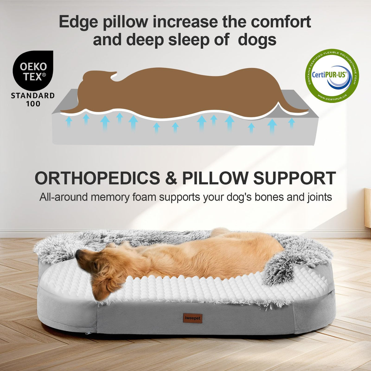 Fluffy Orthopedic Dog Bed with Washable Plush Cover, Grey I851