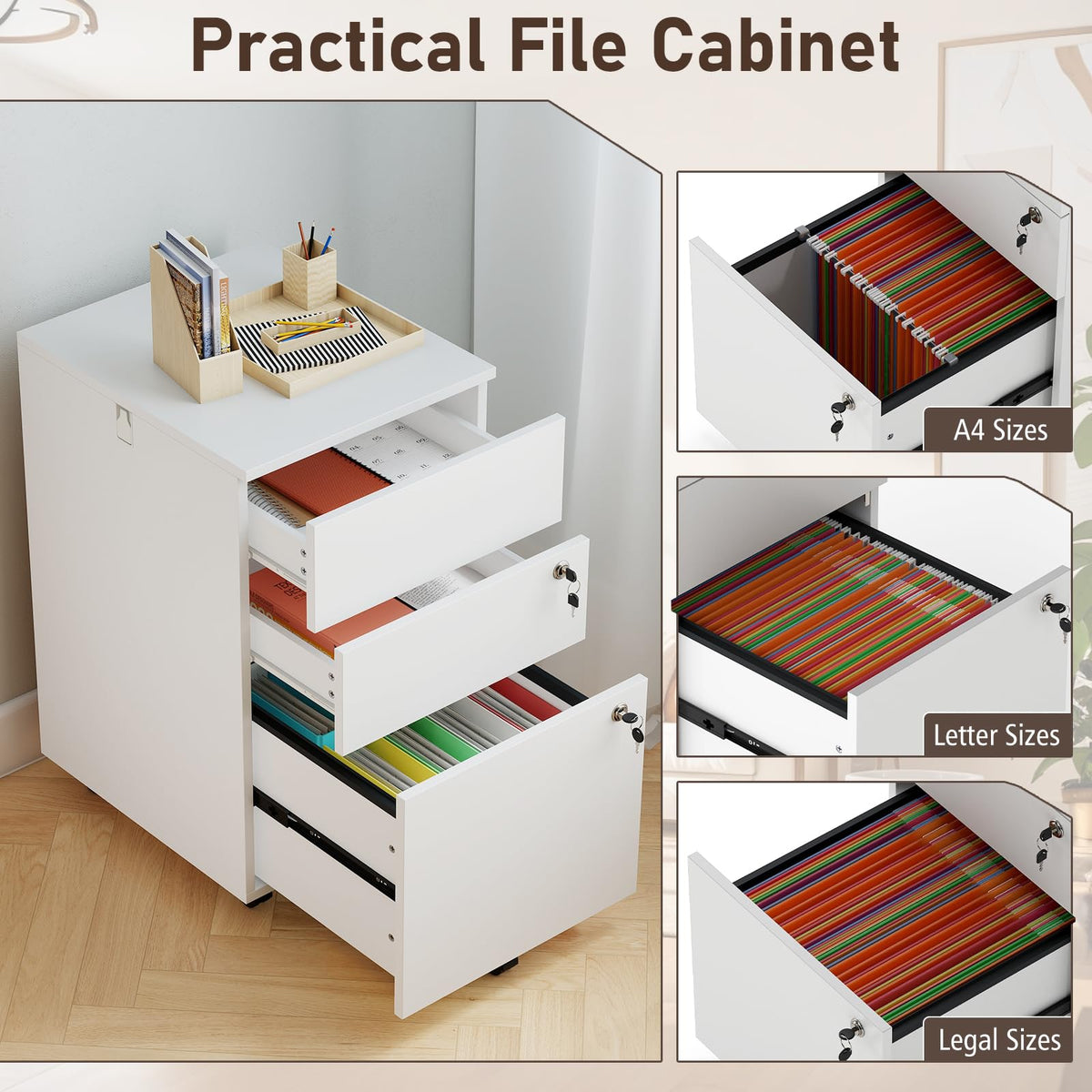 White 3 Drawer File Cabinet with Lock F76004