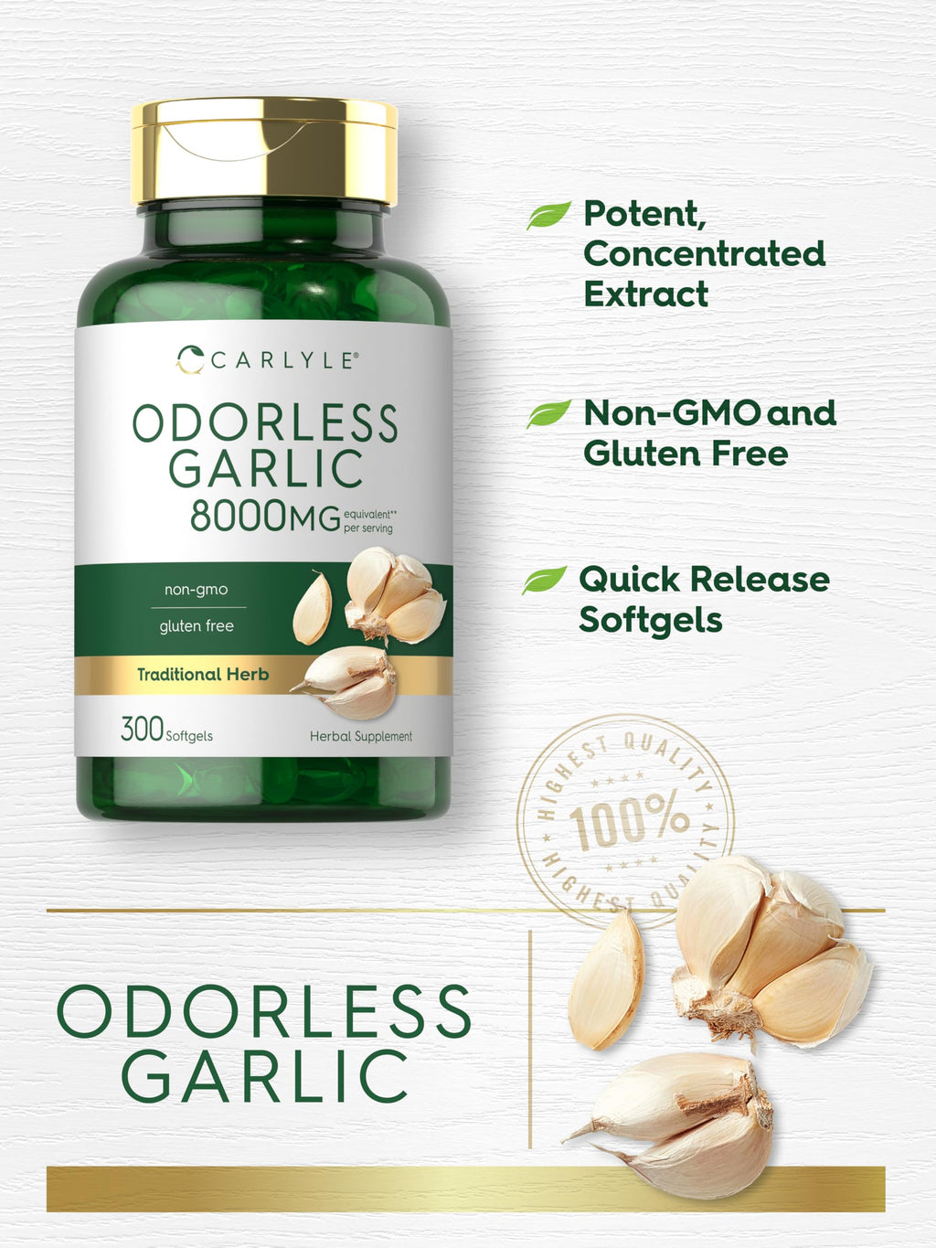 Odorless Garlic Softgels Supplement 300 Count V13420
