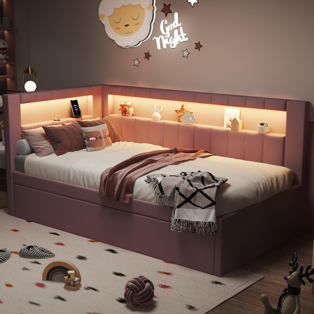 Twin Size Upholstered Platform Bed with Trundle and USB Ports Q94101