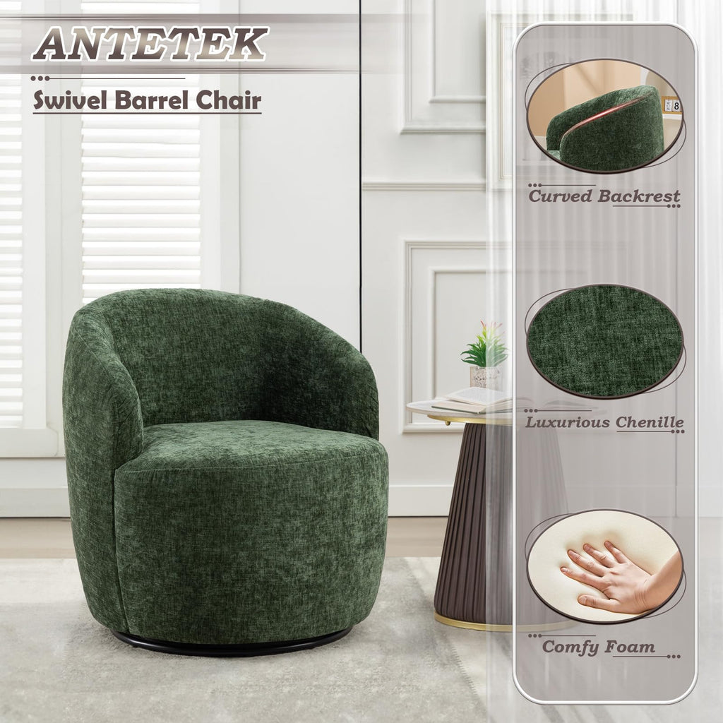 Green Chenille Swivel Barrel Chair V9717