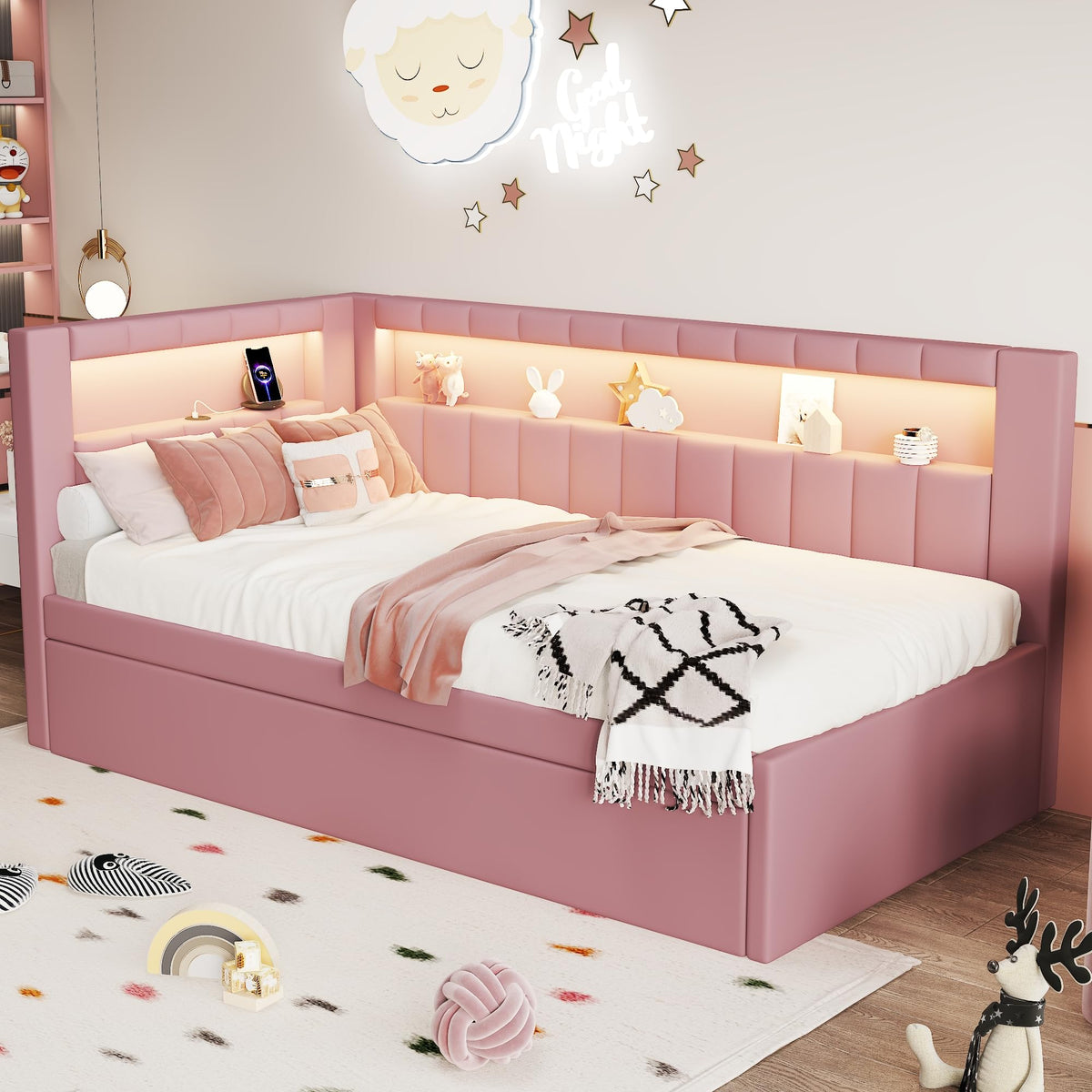 Twin Size Upholstered Platform Bed with Trundle and USB Ports Q94101