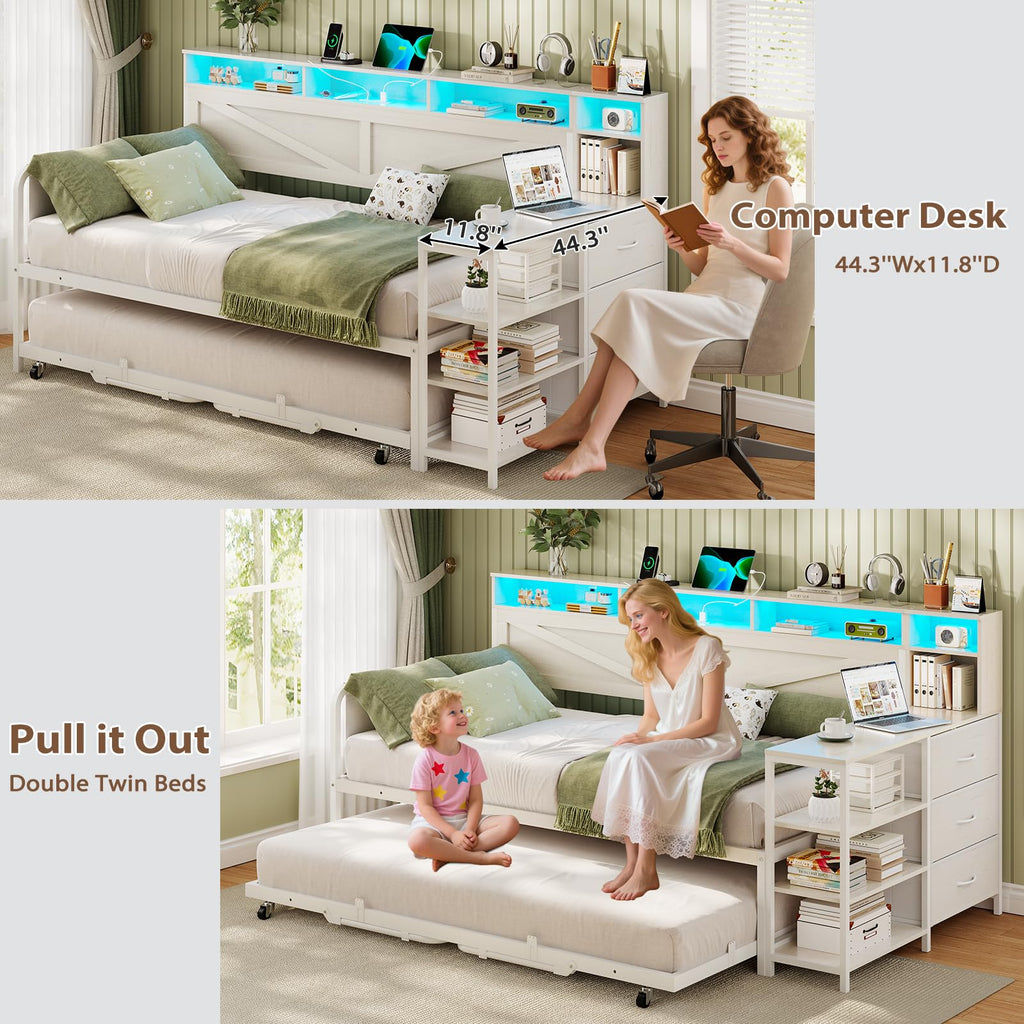 White Twin Wood Daybed with Trundle and 3 Storage Drawers W594