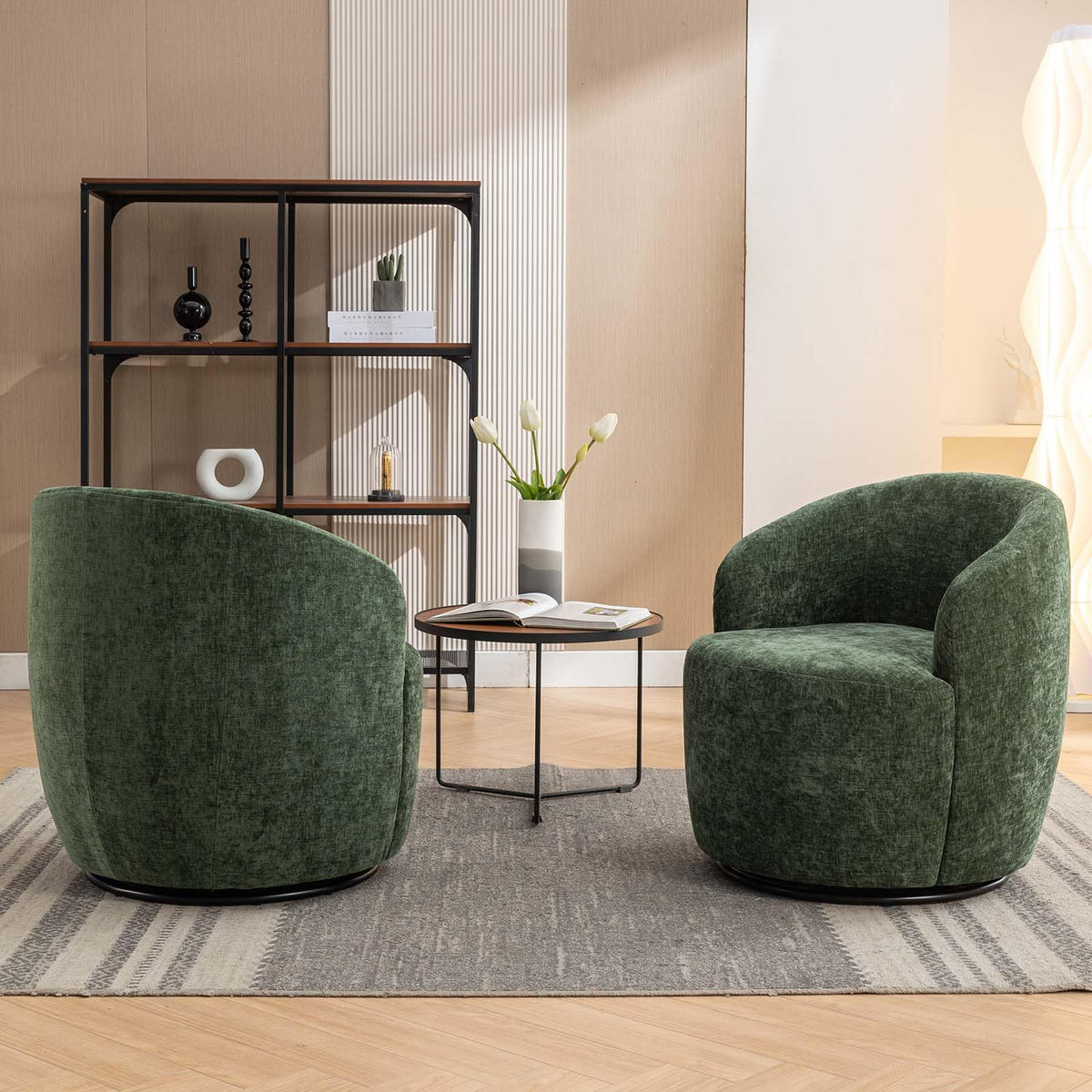 Green Chenille Swivel Barrel Chair V9717