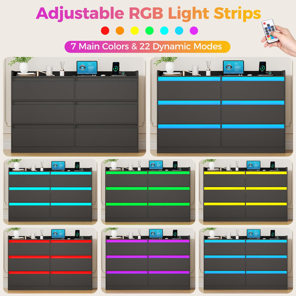 Black Dresser with Power Outlet and LED Lights I674