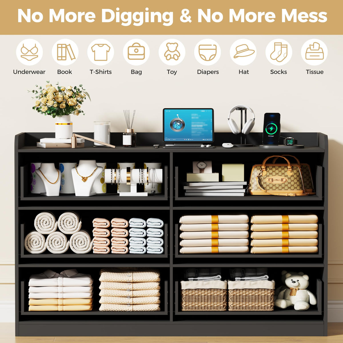 Black Dresser with Power Outlet and LED Lights I674