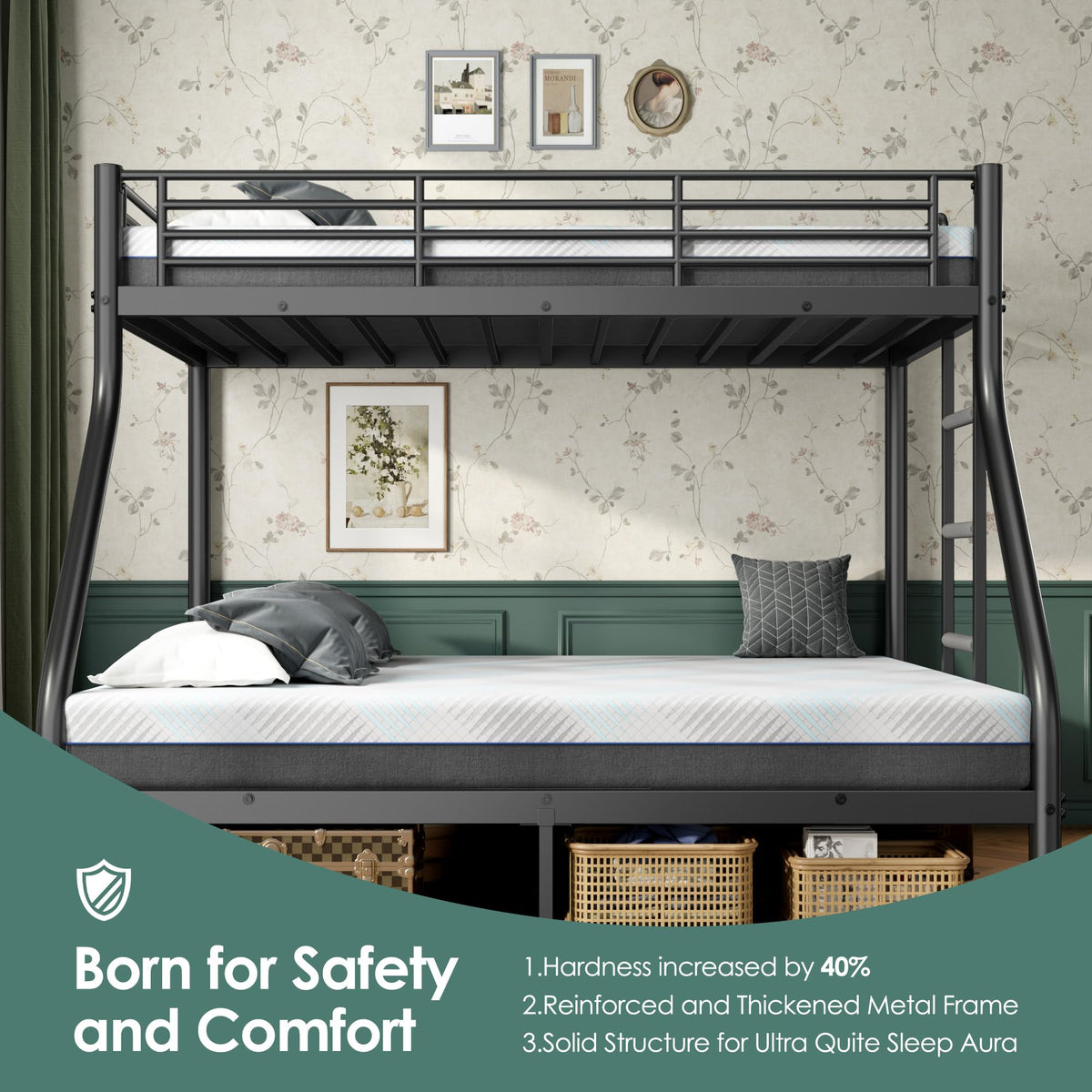 Twin XL Over Full Bunk Bed with Mattresses, Black Q3365